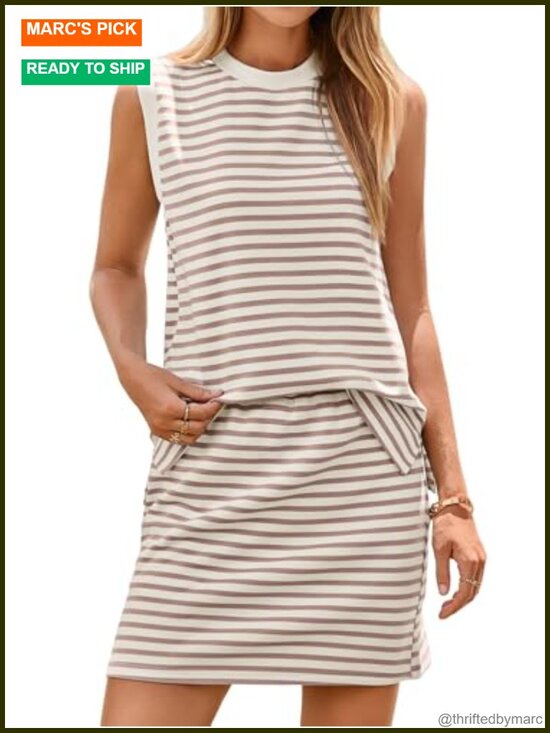 Pants - Women's 2 Piece Striped Skort Set Sleeveless Tennis Outfit with Pockets